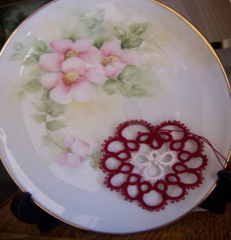 hand-painted china plate by AJ Sutton and tatted heart with angel 2012 from the files of the Online Tatting Class