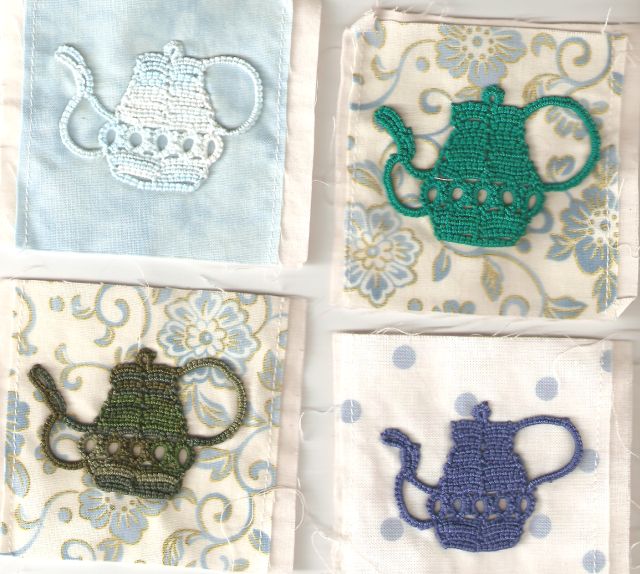 tatted teapots by Kathy Hodge for a tatting scholarship fundraiser at Palmetto Tat Days 2014